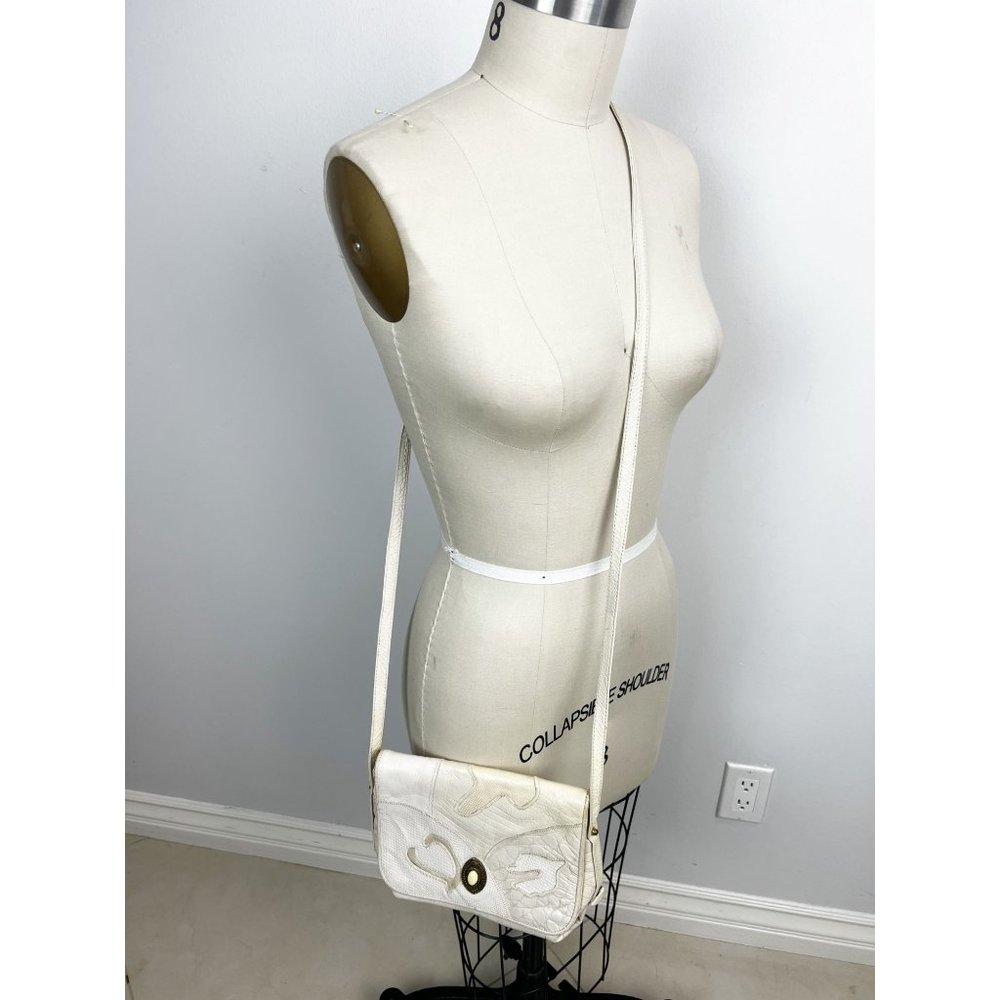 Vintage 80's SHARIF Patchwork Applique Leather Crossbody Purse Cream Made in USA
